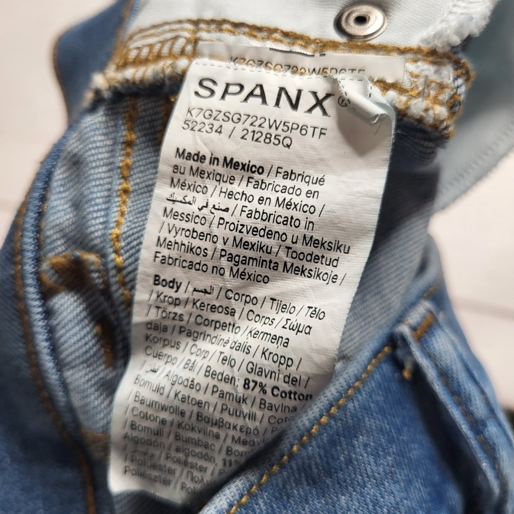 Spanx Blue Pull On Crop Wide Leg Jeans High Waist Denim Stretch Minimalist Large - Picture 8 of 8